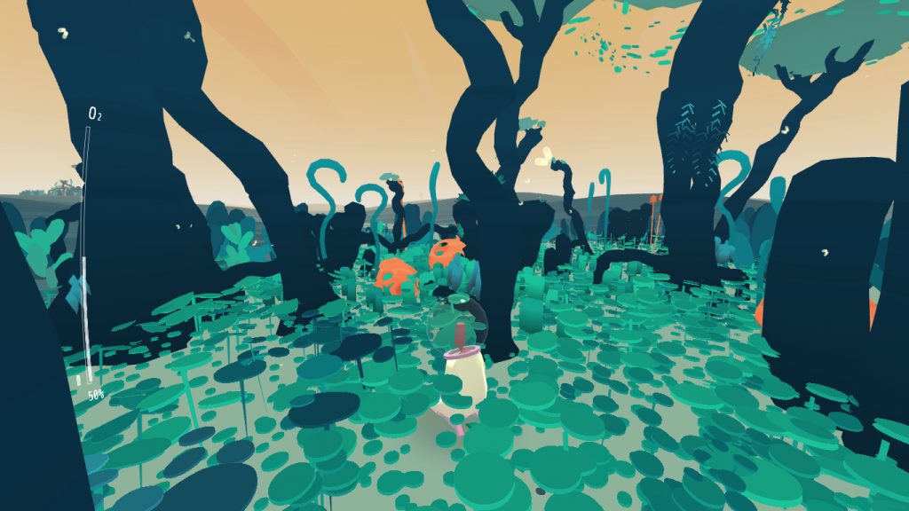 Skjermbilde fra Orchids to Dusk med en astronaut som sitter en oase av planter og trær.