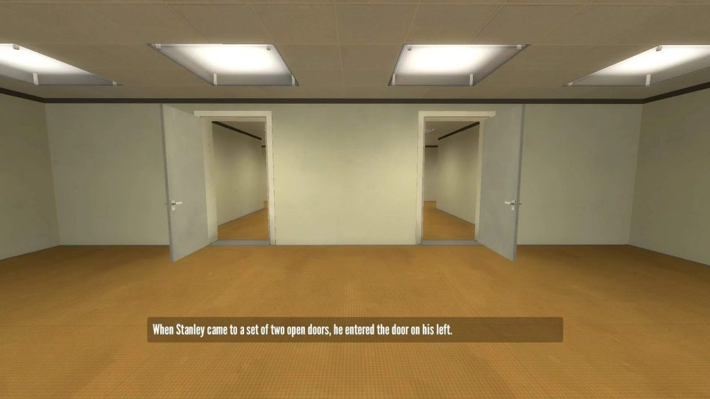 Et skjermbilde fra det første store valget i spillet, det du må velge om du skal gå gjennom døren til høyre eller den til venstre.