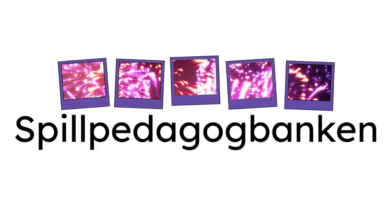 Animert Spillpedagogbanken-logo med fyrverkeri i bilderutene.