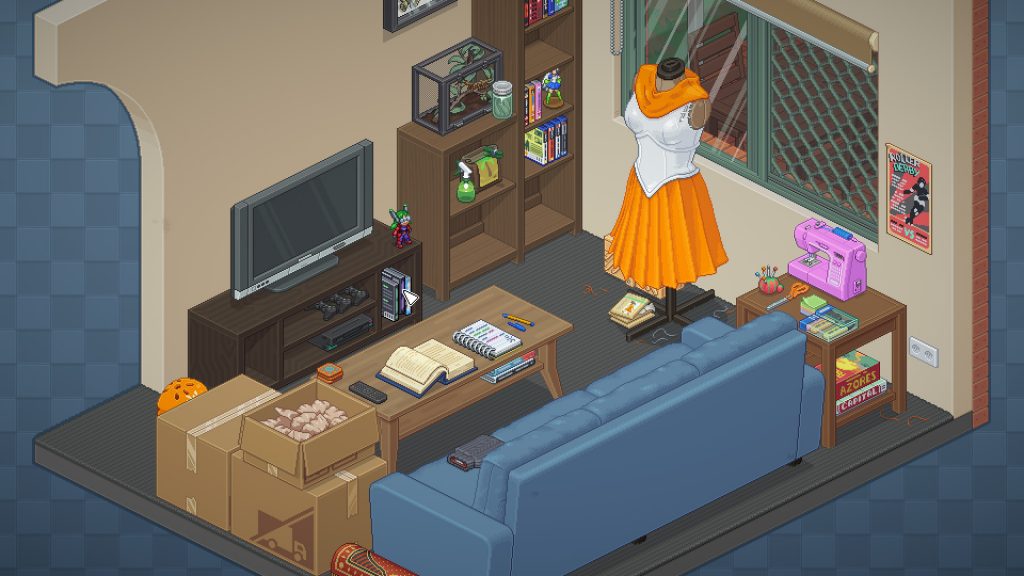 Et skjermbilde fra spillet Unpacking som viser en stue hvor det pakkes ut ting fra pappesker.