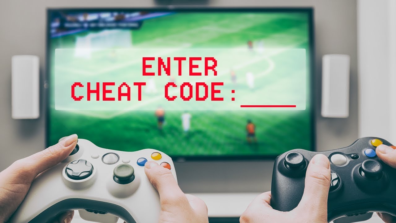 Et bilde med to som spiller konsollspill på en TV, som har teksten Enter Cheat Code.