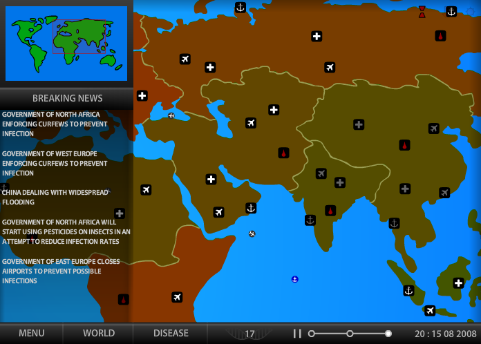 Et skjermbilde fra Pandemic som viser oversikten over verden og med nyheter på venstre side.